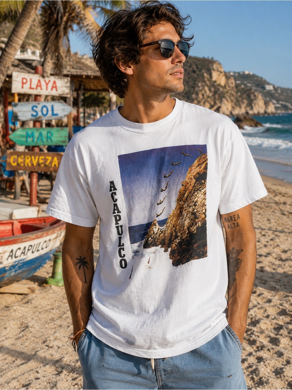 Vintage Hot Beach Acapulco Cliff Divers Graphic Tee White 90s Size Large